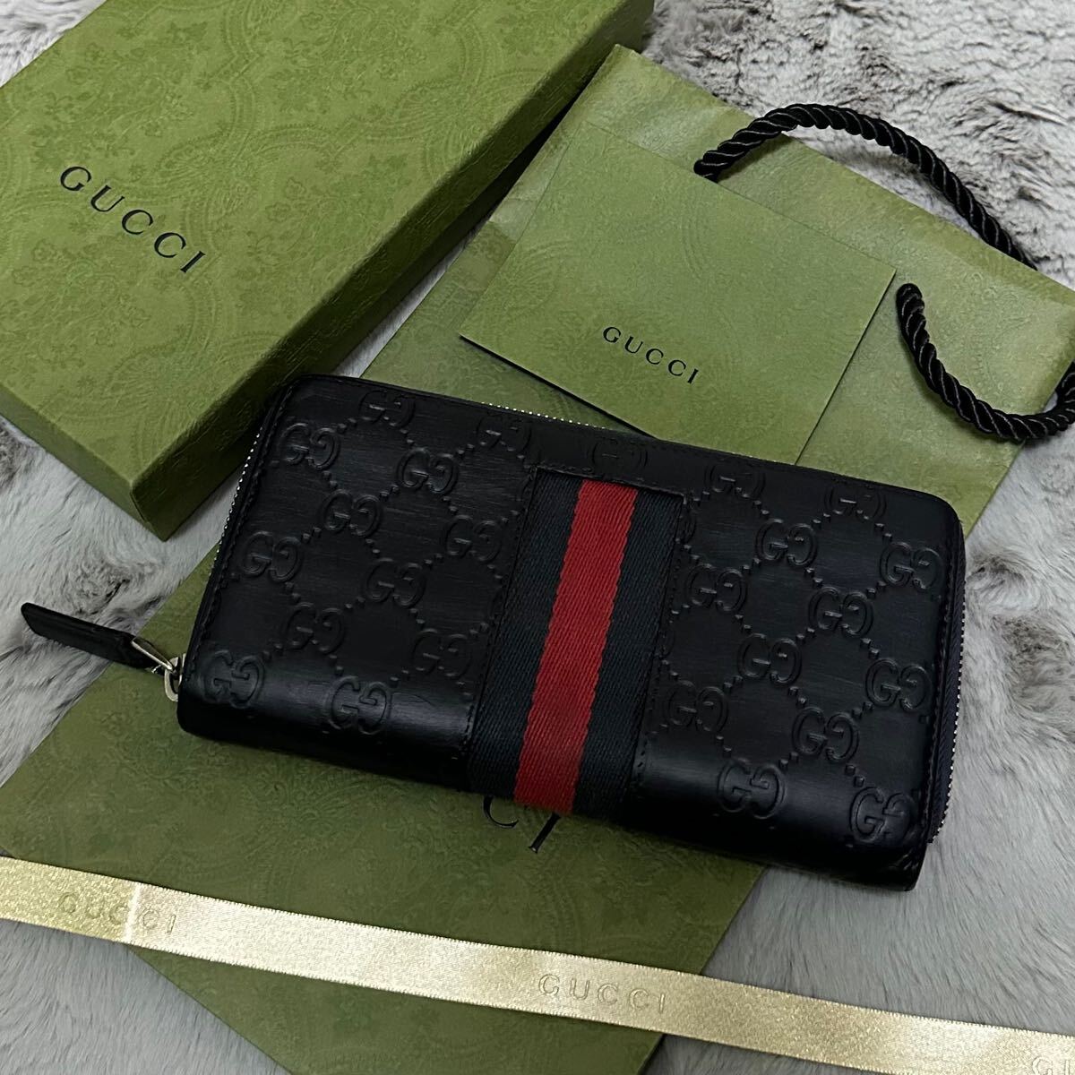 美品 GUCCI グッチ 長財布 ラウンドファスナー シェリーライン GG ネイビー /【Buyee】