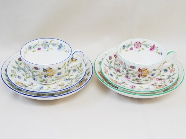 中古・美品【MINTON ミントン】ハドンホール トリオ×２セット 色違い ペアC&S カップ&ソーサー 深めケーキ皿 グリーン&ブルー  HADDONHALL /【Buyee】